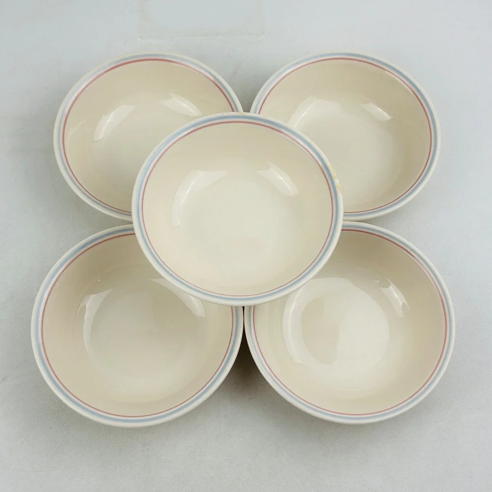 Corelle English Breakfast 5 Dessert Bowl Set‎ Blue Pink Rim Band Fruit Sauce